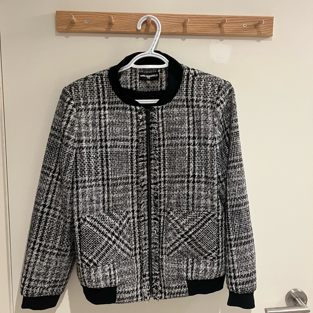 Karl Lagerfeld Black and White Checkered Bomber Jacket